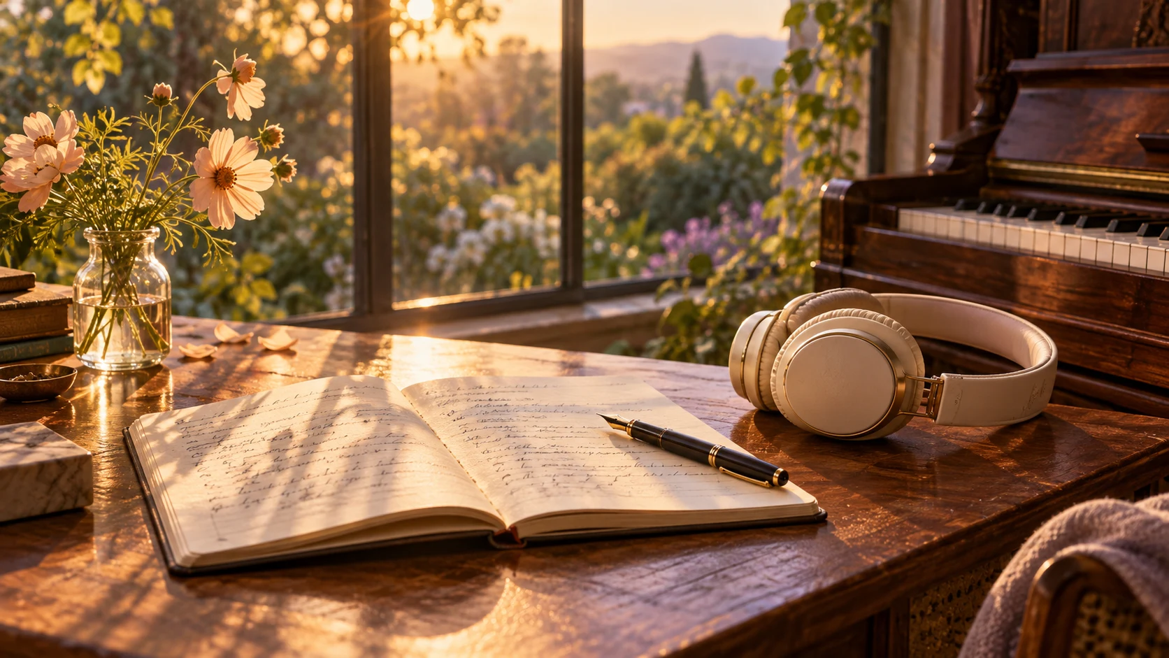 A lyric notebook and cream headphones on a sunlit wooden desk beside a piano and flowers.