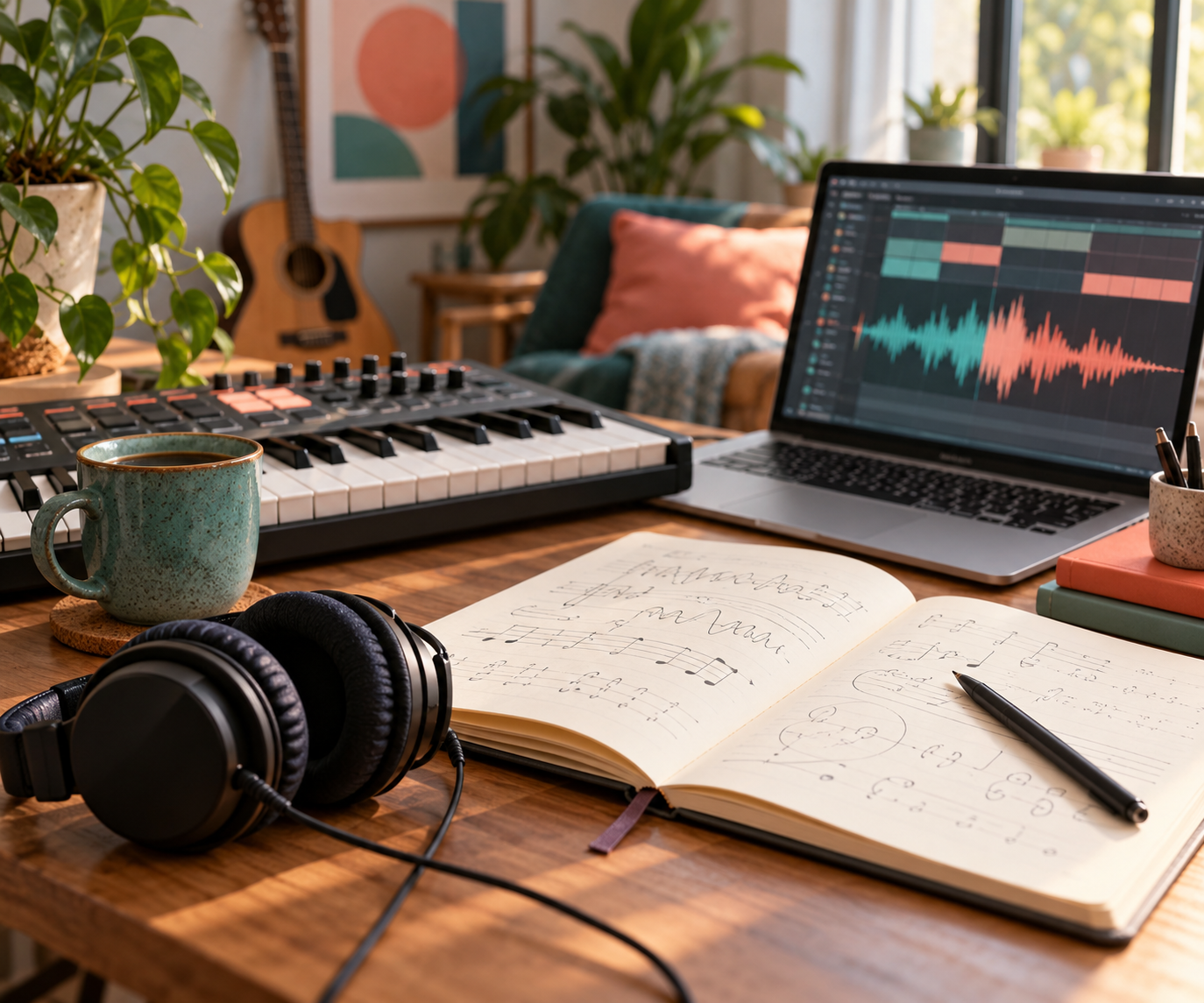 A home music workspace with headphones, a keyboard, a notebook, and an audio waveform.